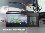Multifunctional USB Rechargeable Mini Fish Tank Aquarium with Clock Function LED Light Black V1294-YM0727-JY05831-02