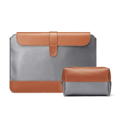13-14 Inch Horizontal Microfiber Notebook Liner & Power Bag - Gray & Brown PRL-0258455750DBT_NZ