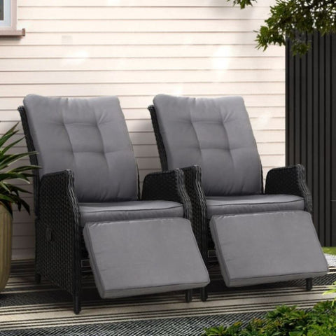 Gardeon 2PC Recliner Chairs Sun lounge Wicker Lounger Outdoor Furniture Adjustable Black ODF-RCL-RW-FT-BKX2