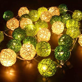 1 Set of Green n White 5cm Rattan Cane 50 Ball Battery Powered LONG 5m String Lights Christmas Gift V382-GREENWHITERATTBALLBATT50
