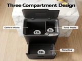 Cefito 63L Rubbish Bin 3 Compartment Carbon Steel Split Door Trash Can Black RB-63L-3C-BK