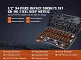 1/2" Drive Deep Impact Socket Set, 34pcs Socket Set Metric 6 Point Cr-MO Alloy Steel for V952-CJTTZ12CRMO3448AJV0