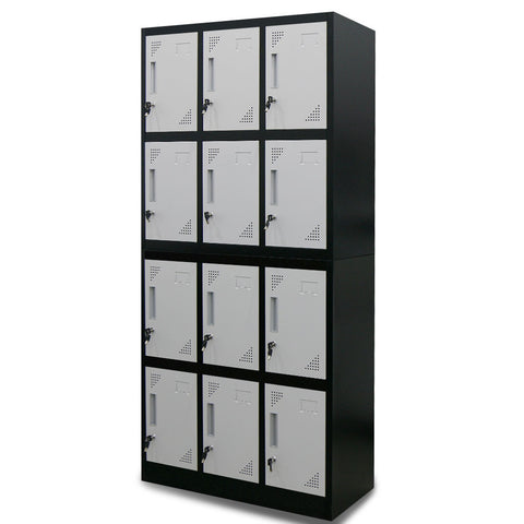 FORTIA 12-Door Metal Storage Locker Cabinet Gym Office Lockers Compartment, Black & Light Grey V219-STLFOA12DB