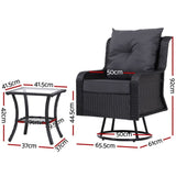 Gardeon 3PC Outdoor Furniture Bistro Set Lounge Wicker Swivel Chairs Table Cushion Black ODF-RAN-ROAT-3PCS-BK-AB