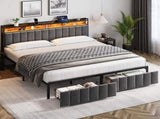 King Bed Frame with 2 Storage Drawers and LED Lights Headboard, Upholstered Bed Frame with Charging V1127-AU-2452KN-GRY