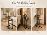 Nesting Side Tables Set of 2, Round End Tables with Rustic Brown Wood Look Top and Black Metal V1338-WAK0060
