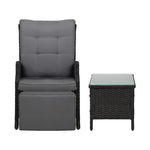 Gardeon 3PC Recliner Chairs Table Sun lounge Outdoor Furniture Wicker Adjustable Black ODF-RCL-RW-FT-3BK