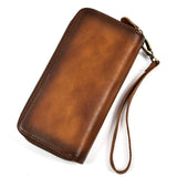 Vegetable Tanned Distressed Top Grain Leather Double Zip Long Wallet, Vintage Genuine Leather V1232-SNB-NS-003