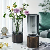 Black wood base vase, cylindrical glass vase, home decor vase, flower vase, high quality vase, V1102-116-BLA-51717