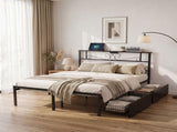 Artiss Double Bed Frame with Charging Station & Storage Drawers Metal MBED-D-MAX-D-BK-AB