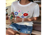 Women Summer Crochet Tops Scoop Neck Short Sleeve Pullover Sweater Hollow Out Knit Tops White XL V1192-AZ-W-20825