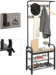 Greige and Black Steel Freestanding Coat Rack Stand with Removable Hooks, Bench and Shoe Rack, V178-11062