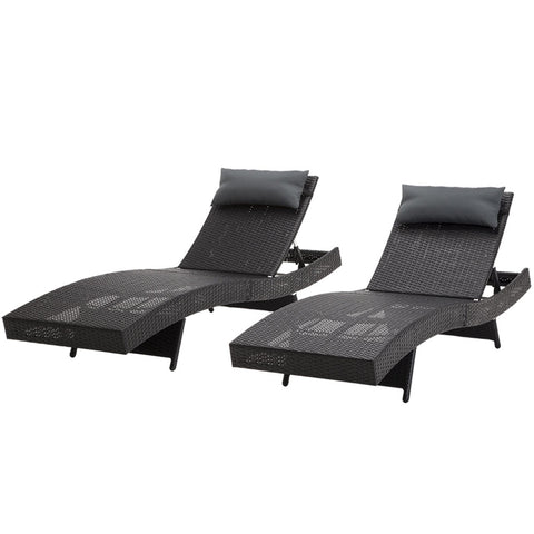 Gardeon 2PC Sun Lounge Wicker Lounger Outdoor Furniture Beach Chair Garden Adjustable Black FF-LOUNGE-WA-BK2X