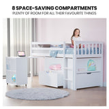 KINGSTON SLUMBER Wooden Kids Single Loft Bed Frame with Pull Out Desk, Storage Drawers - White V219-BEDSBBKSL3WA