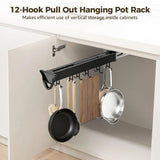 Pull Out Hanging Pot Rack, 12-Hook Extendable Sliding Rail Organizer, Metal Pull Out Pan Rack for V1369-AZ3-W-08758
