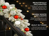 Christabelle 2.74m Snowy Elegance Christmas Garland Pre Lit Warm White LED Red Baubles Berries 112_SENSE274
