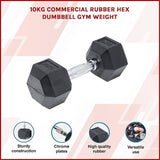 10KG Commercial Rubber Hex Dumbbell Gym Weight V63-794095