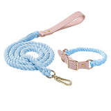 Sky Blue Hand-Woven Rainbow Cotton Rope Dog Leash and Collar Set - Adjustable Veg-Tanned Leather V888-ELOSUNG18442