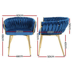 1 Set of 2 Artiss Dining Chairs Velvet Weaving Armchair Blue UPHO-C-DIN-01-VEL-BLX2