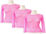 3x Womens Fishnet Mesh Tops Long Sleeve Sheer Stretch See Through - Light Pink V563-JD-12168-3-LPNK