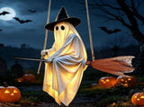 Halloween Flying Ghost on Broomstick Lighted Hanging Decoration Cute Glowing Ghost Ornament with V1366-AZ2-W-13188