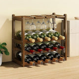 Bamboo Wine Rack Free Standing 15 Bottles with 6 Glasses Holder Storage in Dark Brown V63-837981