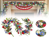 Artificial 4th Of July Garland Wreath Patriotic Garland with Red White & Blue Green Leaves Berries & V1370-AZ4-21175