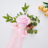 6 Pack Rose Chair Floral Decor With Chiffon Ribbon Green Foliage, Reusable Wedding Aisle Pew V1366-AZ2-W-16875