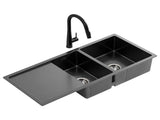 Cefito Stainless Steel Sink 100x45CM With Pull Out Mixer Tap Kitchen Basin Double Bowl Black SINK-BLACK-10045-52