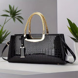 Black Tote Bag Patent Croc Embossed Gold Handles Stylish Accessory High Quality - White - Size L V1347-127-48451-WHT-L