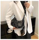 Black Vintage Rivet Crescent Moon Bag with Card Holder & Mirror, French Retro PU Leather Shoulder & V888-ELOSUNG13771