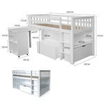 KINGSTON SLUMBER Wooden Kids Single Loft Bed Frame with Pull Out Desk, Storage Drawers - White V219-BEDSBBKSL3WA