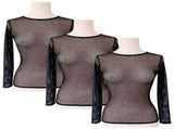 3x Womens Fishnet Mesh Top Long Sleeve Sheer Stretch See Through Costume - Black V563-JD-12168-3-BLK