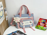 Women's Kawaii Blue Shoulder Bag with Cute Bear Plush Charm and 4 Badges Large Capacity Nylon Tote V888-ELOSUNG41083