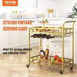 2 Tiers Gold Metal Bar Serving Cart with Wine Rack Glass Holder 120 LBS V952-BLFWCCB15X315AFJYV0