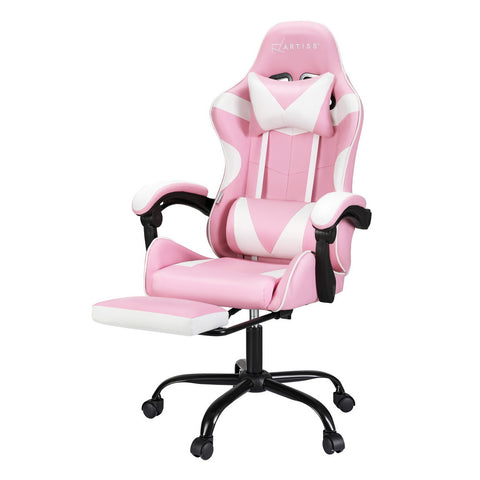 Artiss 2 Point Massage Gaming Office Chair Footrest Pink MOC-GC-2P-PK-WH