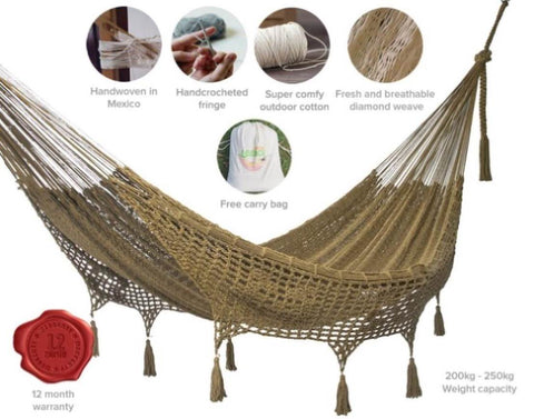 Outdoor undercover cotton Mayan Legacy hammock with hand crocheted tassels Queen Size Cedar V97-TDQCEDAR