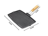 SOGA 2X 20.5cm Rectangular Cast Iron Griddle Grill Frying Pan with Folding Wooden Handle ZPAI061X2