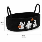 Halloween Woven Storage Basket, Black Cotton Rope Organizer with Ghost Pumpkin Embroidery, Handles V1366-AZ2-W-24768