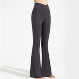 Size XL Women's High Waisted Flare Yoga Pants with Side Pockets - Graphite Grey Crossover Waistband V888-ELOSUNG57382-4