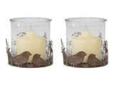 Set 2 Glass Candle holders in Low Rust Base w Birds 10cm V637-52411BRD