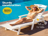 Gardeon 2PCS Sun Lounge Lounger Beach Chair HDPE Patio Outdoor Furniture with Wheels White FF-LOUNGE-HE-WH-X2