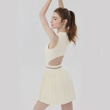 Beige Size S Women's Tennis Dress - Pleated Skirt One Piece Sports Dress with Built In Shorts, Open V888-ELOSUNG57300-1