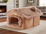 Plush Pet House with Detachable Cushion Cozy, Warm, and Stylish Indoor Cat or Small Dog Bed Soft V1341-ZY-9MDMUPYV-L-BROWN