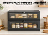 Artiss Bamboo Bread Box 2-Tier Kitchen Countertop Storage 40cm Black BBX-2T-WIN-BK