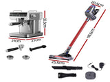 Devanti K7 Cordless Stick Vacuum Cleaner plus Coffee Maker Machine Espresso VAC-K7-RD-CM-06-SS