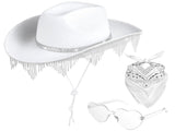 3PCS Sparkly Cowgirl Hat Set, Rhinestone Tassel White Cowgirl Hat with Heart-Shaped Glasses & Scarf, V1192-AZ-W-18332