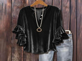 Women's Velvet Flare Sleeve Top, V Neck Button Detail Three Quarter Sleeve Blouse, Luxe Pullover for V1192-AZ-W-24017