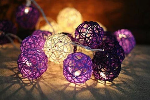 1 Set of Purple n White 5cm Rattan Cane 50 Ball Battery Powered LONG 5m String Lights Christmas Gift V382-PURPWHITERATTBALLBATT50