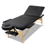 Zenses Massage Table 75cm Portable 3 Fold Wooden Beauty Bed Black MT-WOOD-F3-BLACK-75